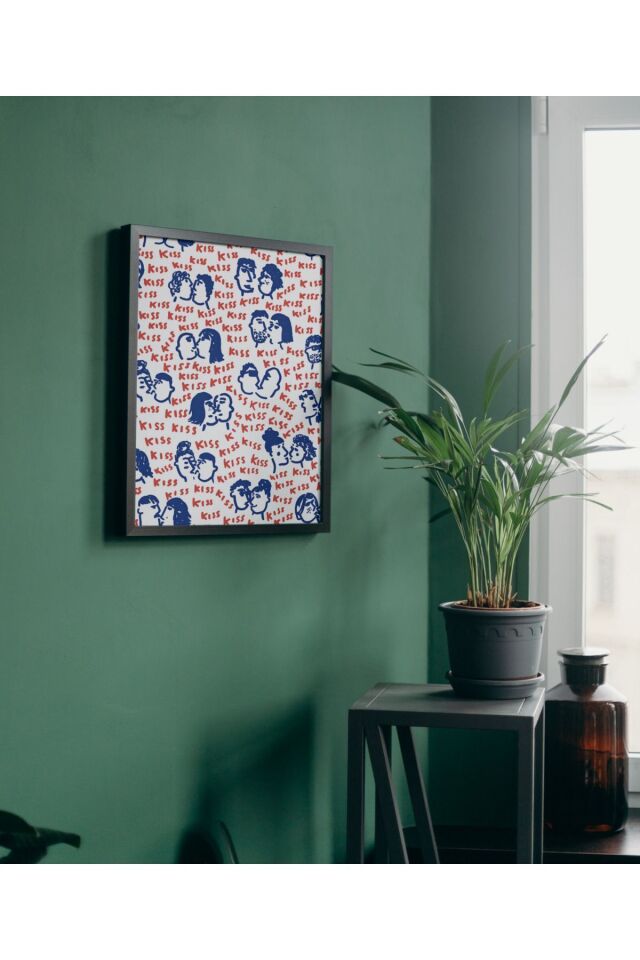 Çok Renkli - Kiss Me Kadın Erkek Figürü Çizgisel Hediyelik Poster Çerçeveli Sanatsal Tasarım Tablo