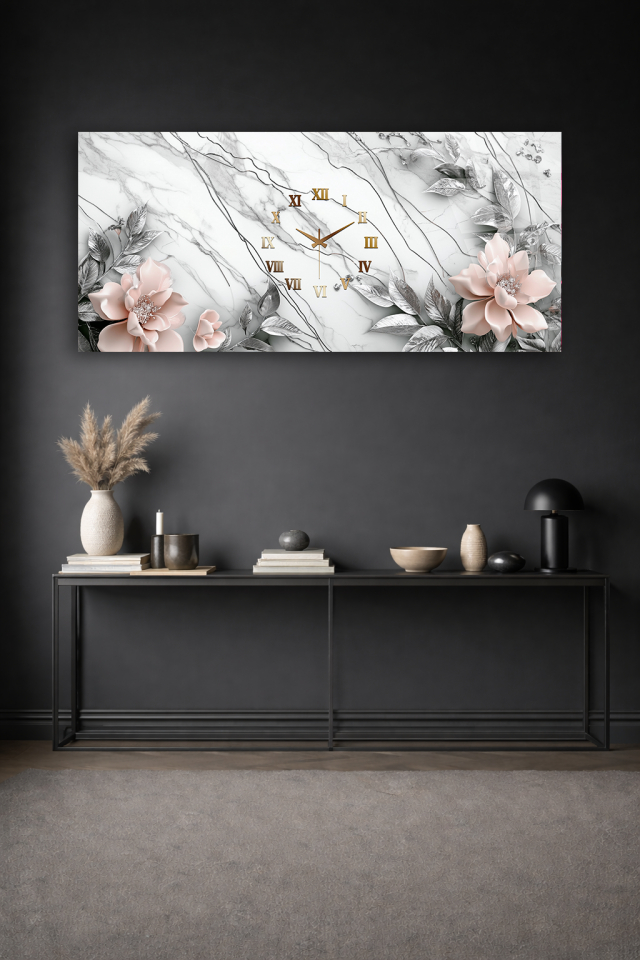 KIRILMAZ CAM DUVAR SAATİ , HEM TABLO HEM SAAT BEYAZ MERMER ÇİÇEKLİ ŞIK EV OFİS HEDİYESİ