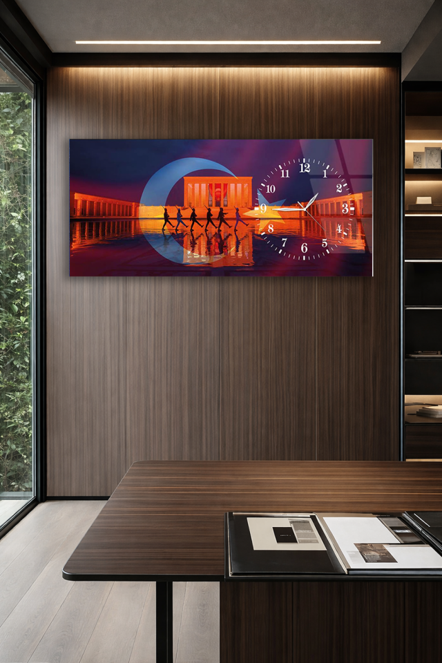 KIRILMAZ CAM DUVAR SAATİ , HEM TABLO HEM SAAT ANITKABİR GECE MANZARASI EV OFİS HEDİYESİ