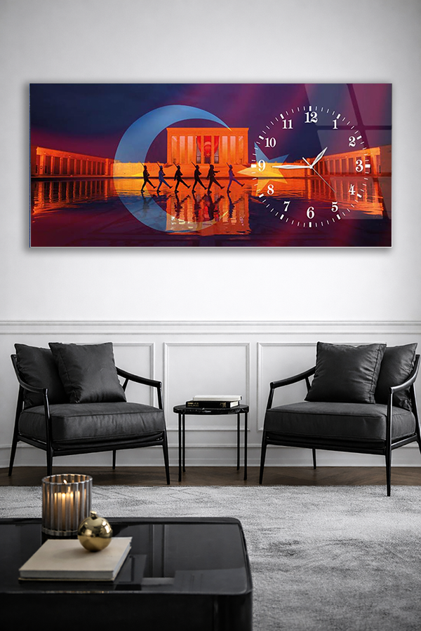 KIRILMAZ CAM DUVAR SAATİ , HEM TABLO HEM SAAT ANITKABİR GECE MANZARASI EV OFİS HEDİYESİ