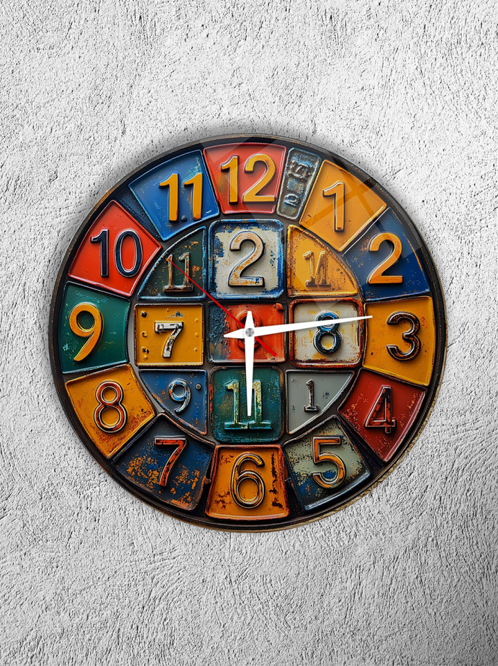 KIRILMAZ CAM DUVAR SAATİ, HEM TABLO HEM SAAT RENKLİ PATCHWORK VINTAGE SAYI DESEN RETRO EV OFİS HEDİYESİ