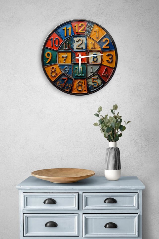 KIRILMAZ CAM DUVAR SAATİ, HEM TABLO HEM SAAT RENKLİ PATCHWORK VINTAGE SAYI DESEN RETRO EV OFİS HEDİYESİ