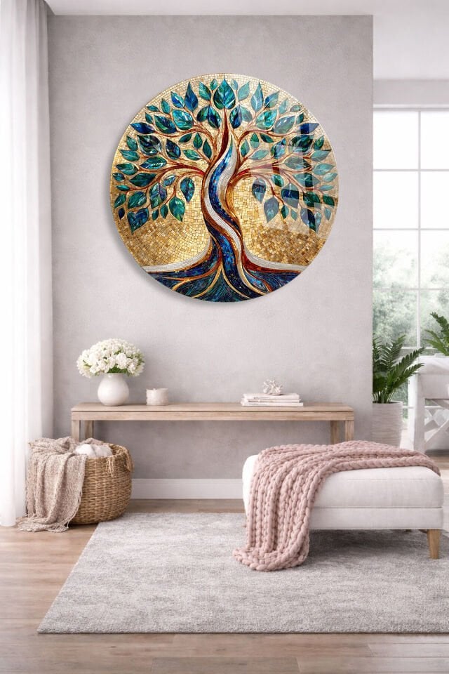 KIRILMAZ CAM TABLO – MOZAIK DESENLİ HAYAT AĞACI LÜKS SANAT TASARIMI