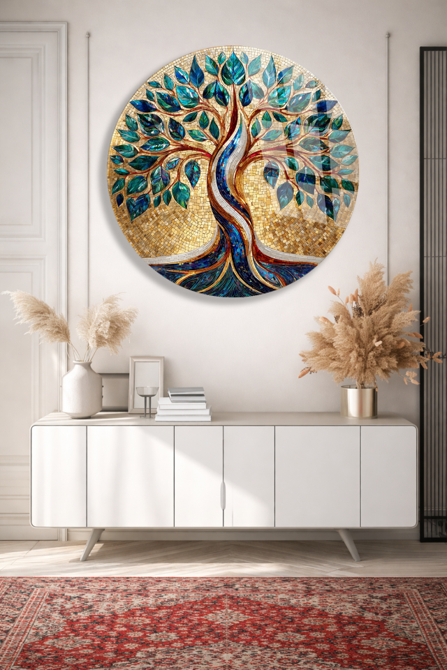 KIRILMAZ CAM TABLO – MOZAIK DESENLİ HAYAT AĞACI LÜKS SANAT TASARIMI