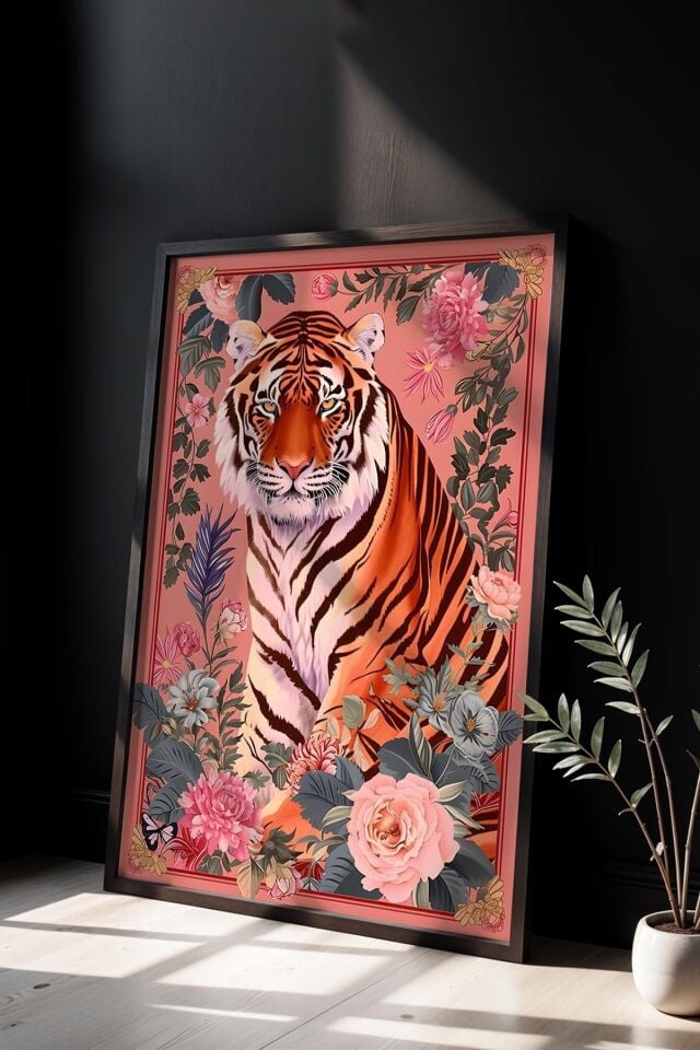 SİYAH - Kaplan Çiçekli Desen Turuncu Maksimalist Sanatı Ahşap Çerçeveli Duvar Tablosu