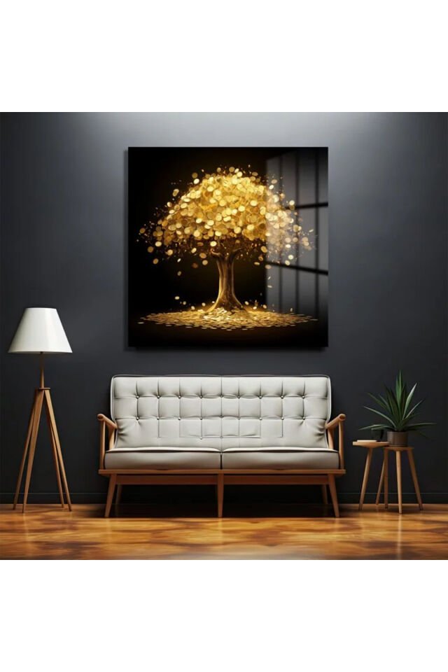 GOLD AĞAÇ ULTRA YÜKSEK ÇÖZÜNÜRLÜK KARE CAM TABLO EV İŞ YERİ OFİS HEDİYESİ SOYUT TASARIM TABLO