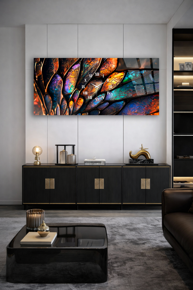 KIRILMAZ CAM DUVAR SAATİ , HEM TABLO HEM SAAT VİTRAY RENKLİ SOYUT SANAT EV OFİS HEDİYESİ