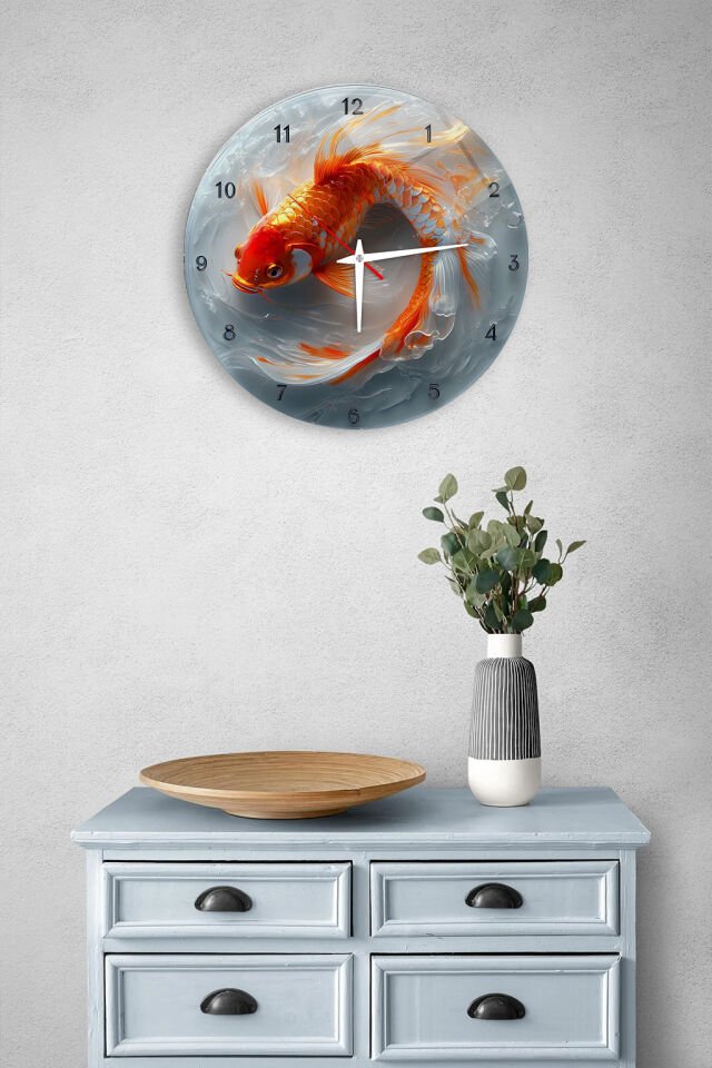 KIRILMAZ CAM DUVAR SAATİ, HEM TABLO HEM SAAT KOI BALIĞI SU EFEKT ŞEFFAF CAM SANATSAL EV OFİS HEDİYESİ