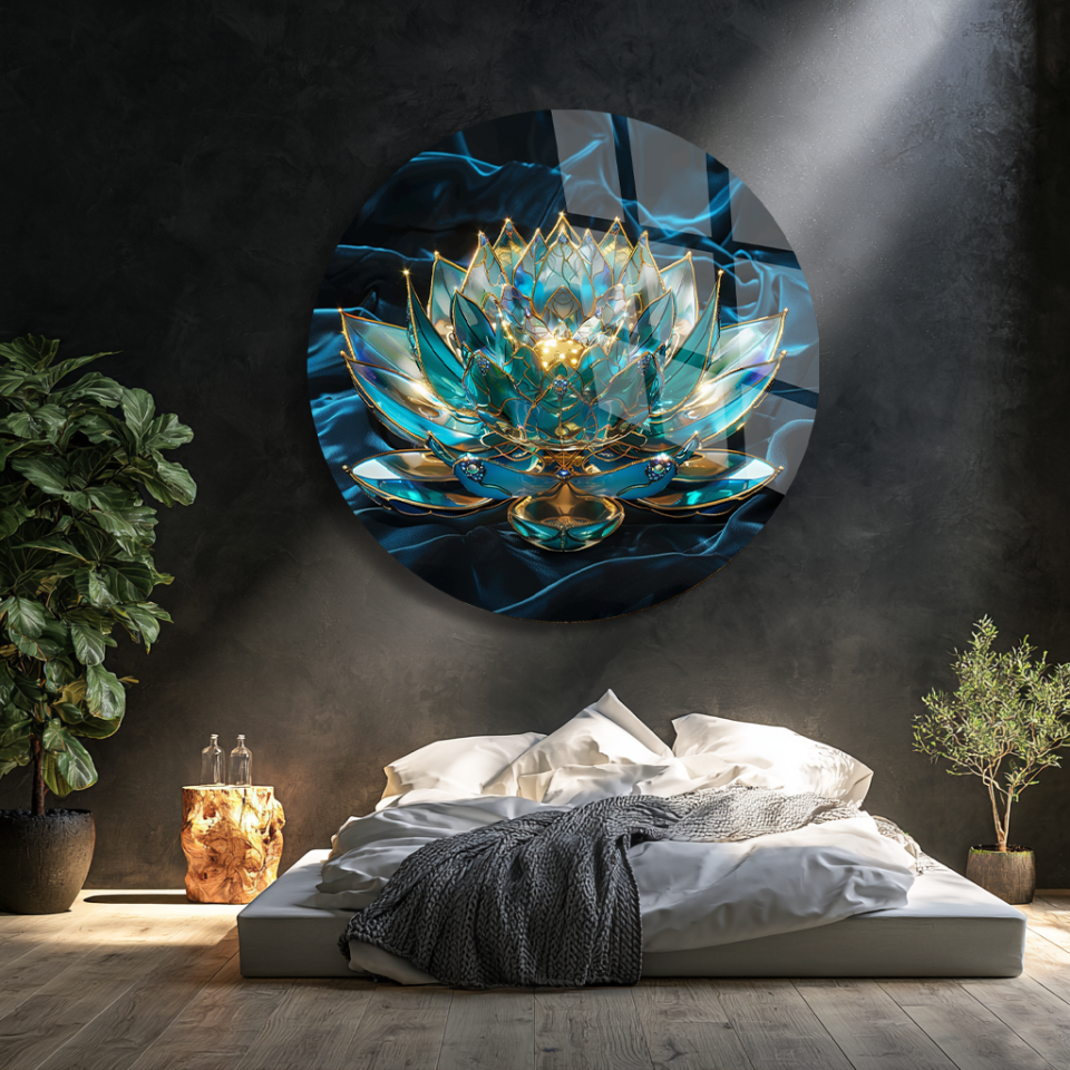 KIRILMAZ CAM TABLO MAVİ LOTUS ÇİÇEĞİ MANDALA TASARIMI YUVARLAK ZEN DEKORASYON SALON OFİS DUVAR TABLOSU
