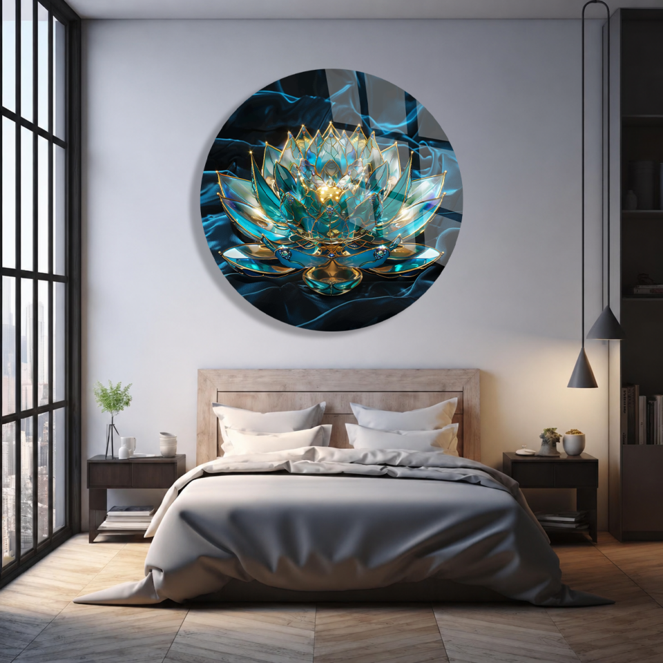 KIRILMAZ CAM TABLO MAVİ LOTUS ÇİÇEĞİ MANDALA TASARIMI YUVARLAK ZEN DEKORASYON SALON OFİS DUVAR TABLOSU