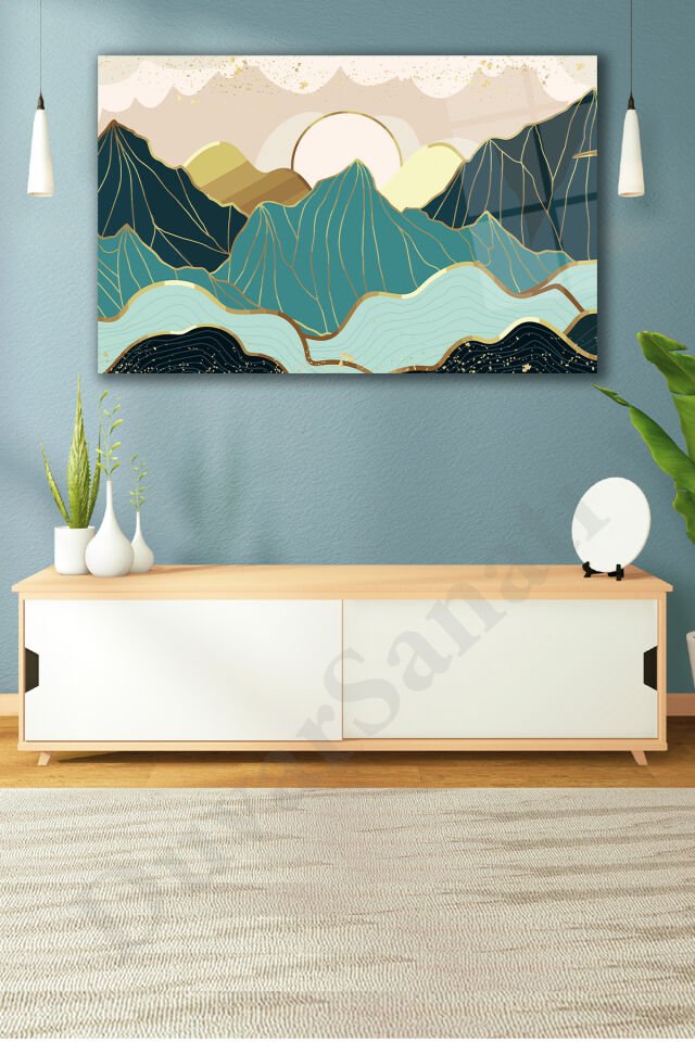 Soyut Manzara Modern Cam Tablo Ev Ofis Salon Hediyelik Büyük Tablo Yeşil Mavi
