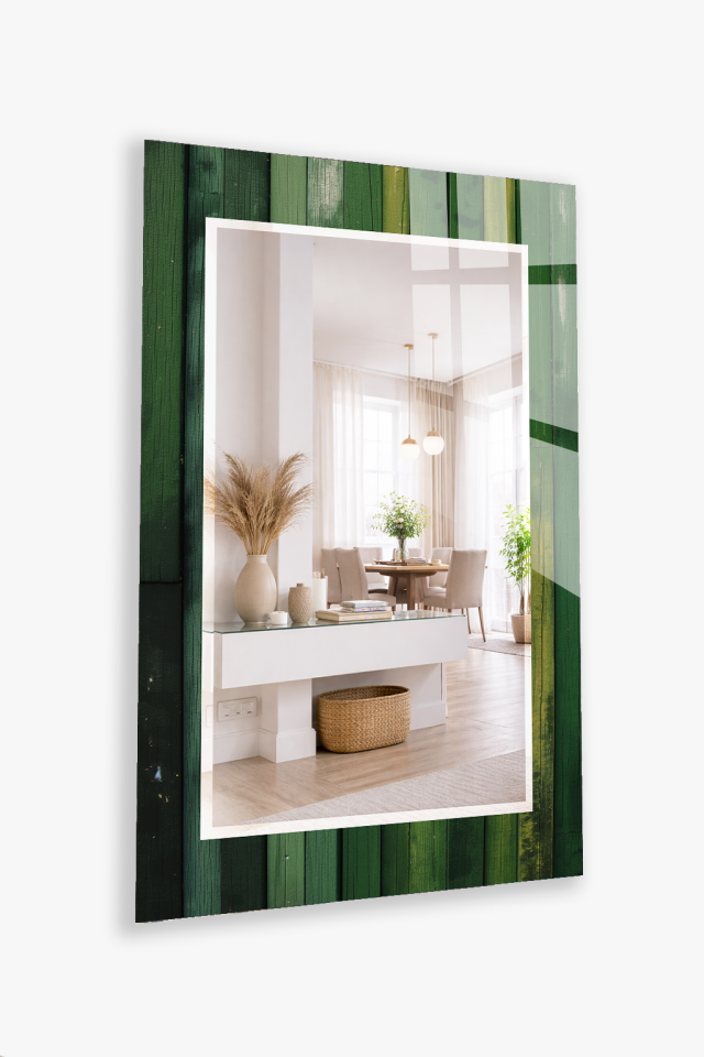 HEM TABLO HEM AYNA YEŞİL AHŞAP DOKU DESEN CAM DUVAR AYNASI EV DEKORU