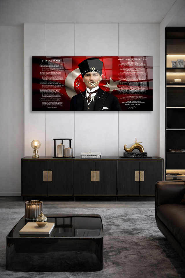 KIRILMAZ CAM DUVAR SAATİ , HEM TABLO HEM SAAT ATATÜRK VE İSTİKLAL MARŞI TASARIM EV OFİS HEDİYESİ