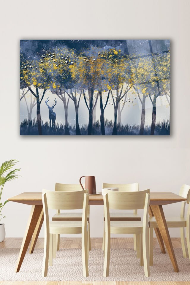 Soyut Manzara Ağaçlar ve Geyik Modern Cam Tablo Ev Ofis Salon Hediyelik Büyük Tablo Mavi Gold