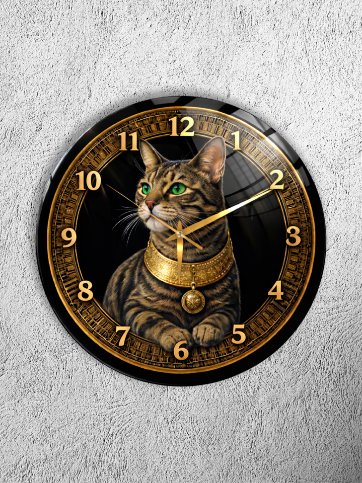 KIRILMAZ CAM DUVAR SAATİ, HEM TABLO HEM SAAT MISIR TARZI KEDİ FİGÜRLÜ SİYAH GOLD LÜKS EV OFİS HEDİYESİ