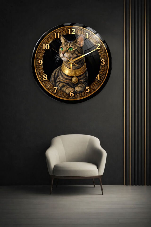 KIRILMAZ CAM DUVAR SAATİ, HEM TABLO HEM SAAT MISIR TARZI KEDİ FİGÜRLÜ SİYAH GOLD LÜKS EV OFİS HEDİYESİ