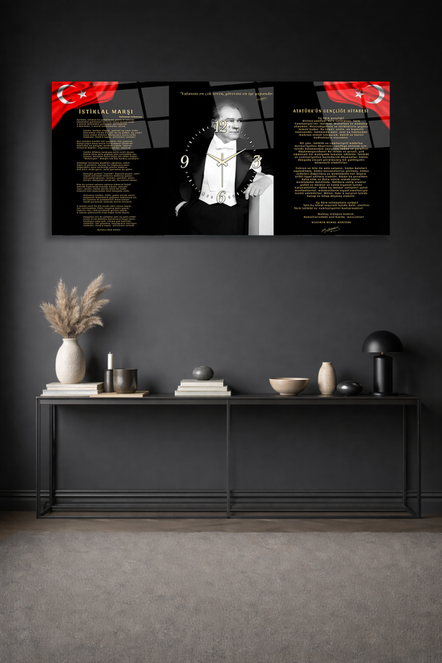 KIRILMAZ CAM DUVAR SAATİ , HEM TABLO HEM SAAT ATATÜRK SİYAH ZEMİN GENÇLİĞE HİTABE EV OFİS HEDİYESİ