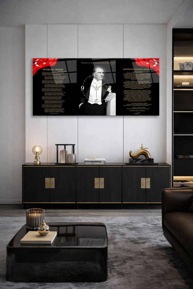 KIRILMAZ CAM DUVAR SAATİ , HEM TABLO HEM SAAT ATATÜRK SİYAH ZEMİN GENÇLİĞE HİTABE EV OFİS HEDİYESİ