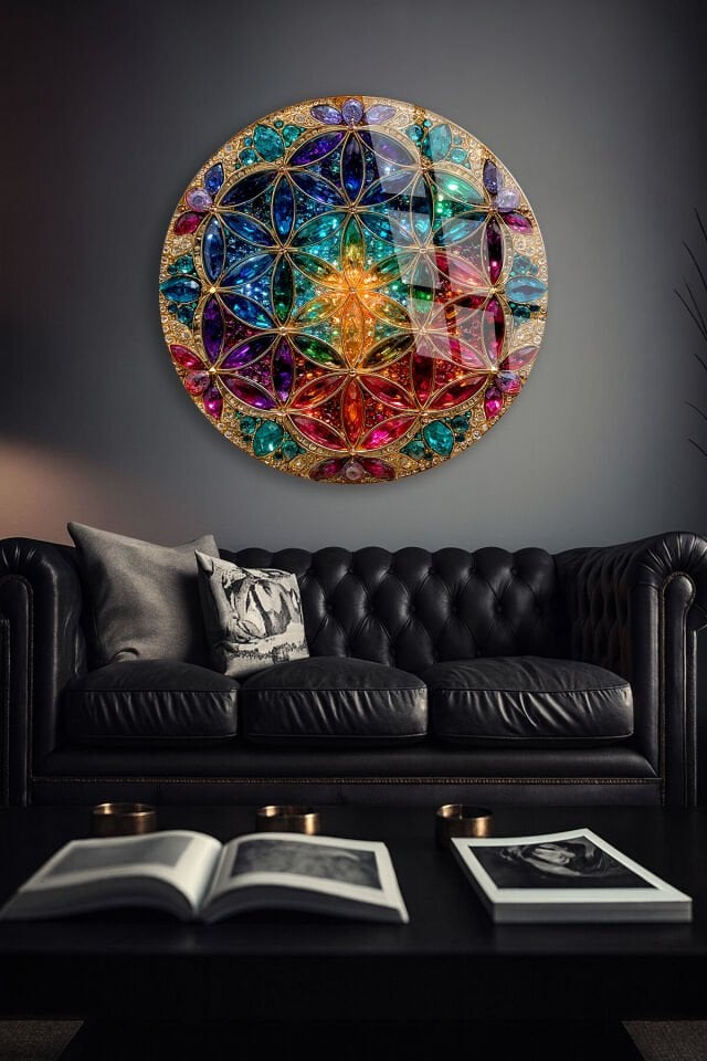 KIRILMAZ CAM TABLO – RENKLİ YAŞAM ÇİÇEĞİ MANDALA GEOMETRİK SANAT TASARIMI