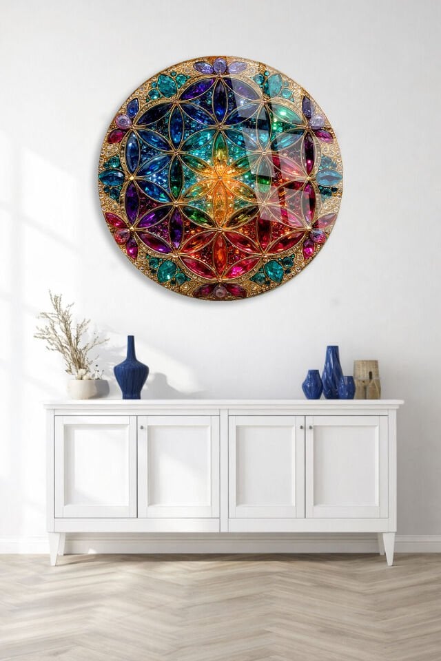 KIRILMAZ CAM TABLO – RENKLİ YAŞAM ÇİÇEĞİ MANDALA GEOMETRİK SANAT TASARIMI