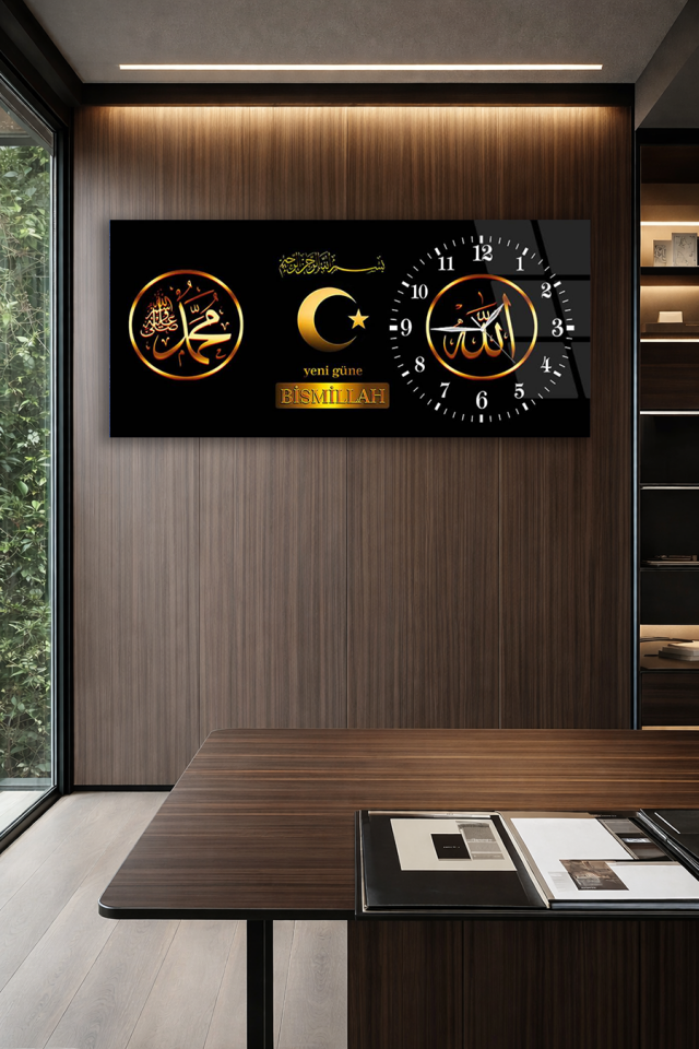 KIRILMAZ CAM DUVAR SAATİ , HEM TABLO HEM SAAT BESMELE VE AY YILDIZ TEMALI EV OFİS HEDİYESİ