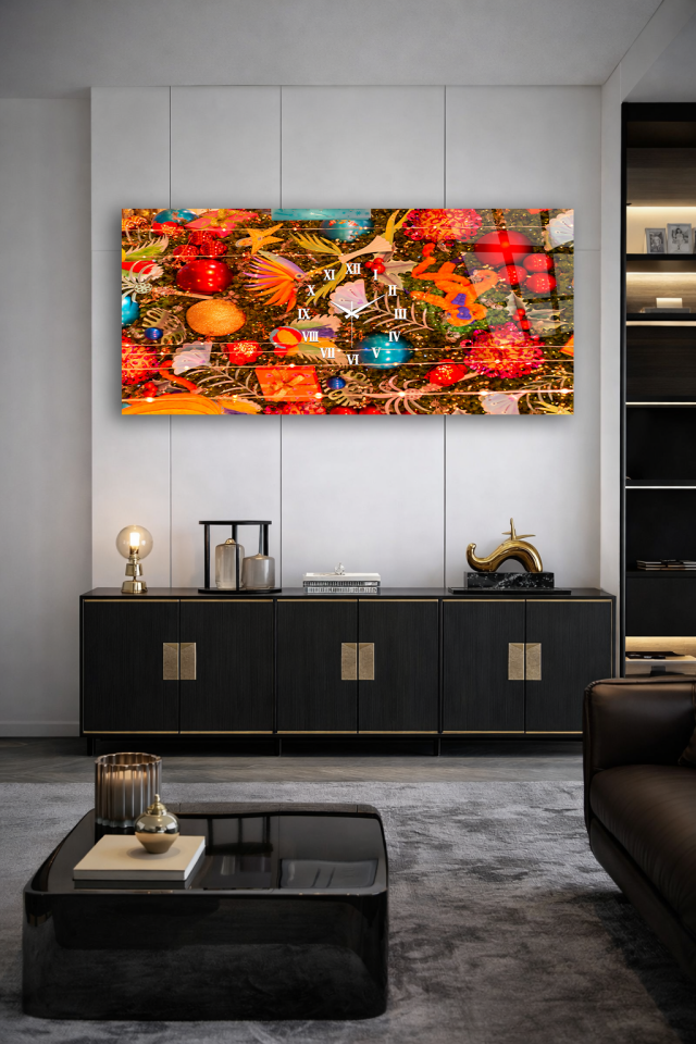 KIRILMAZ CAM DUVAR SAATİ , HEM TABLO HEM SAAT RENKLİ DEKORATİF DESEN SANATSAL EV OFİS HEDİYESİ