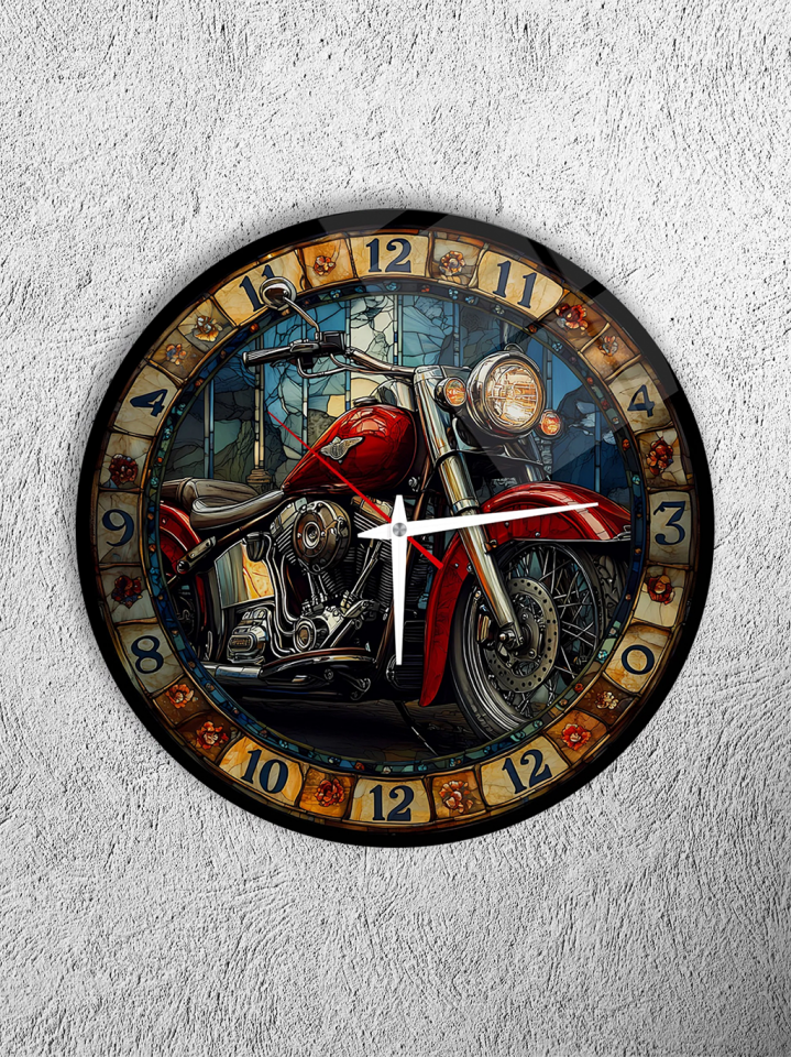 KIRILMAZ CAM DUVAR SAATİ, HEM TABLO HEM SAAT KIRMIZI KLASİK MOTOSİKLET TASARIMI EV OFİS HEDİYESİ