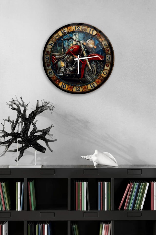 KIRILMAZ CAM DUVAR SAATİ, HEM TABLO HEM SAAT KIRMIZI KLASİK MOTOSİKLET TASARIMI EV OFİS HEDİYESİ