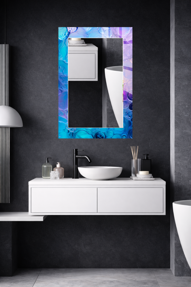 HEM TABLO HEM AYNA MAVİ MOR AKIŞKAN SOYUT DESEN CAM DUVAR AYNASI EV DEKORU