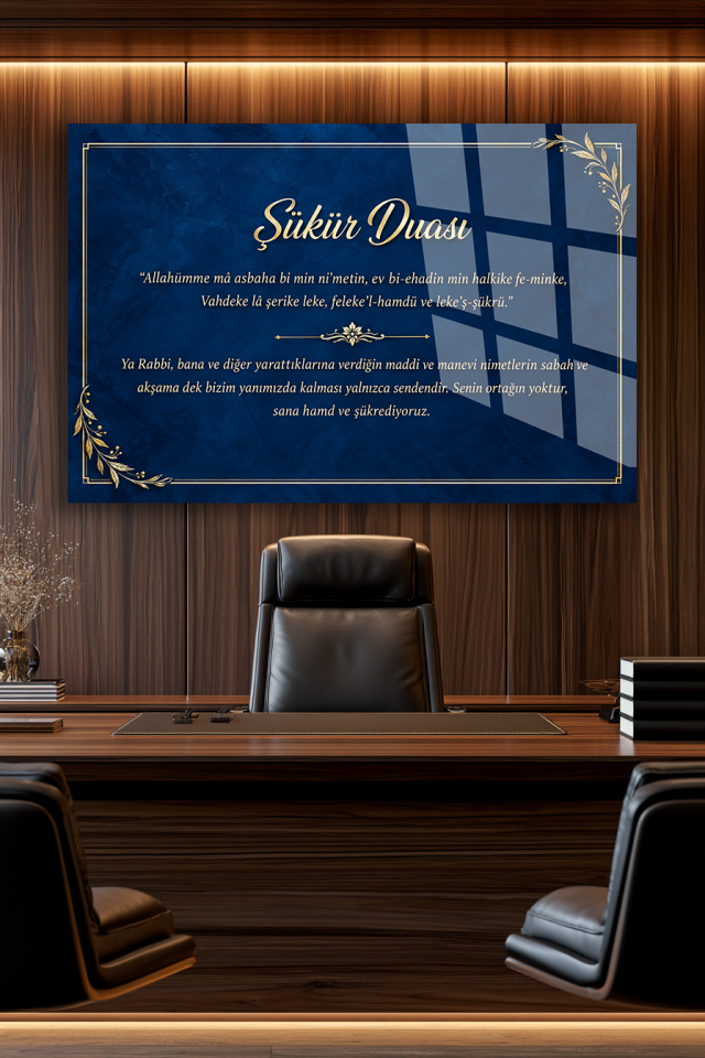 ŞÜKÜR DUASI YAZILI LACİVERT DEKORATİF CAM TABLO EV OFİS HEDİYESİ