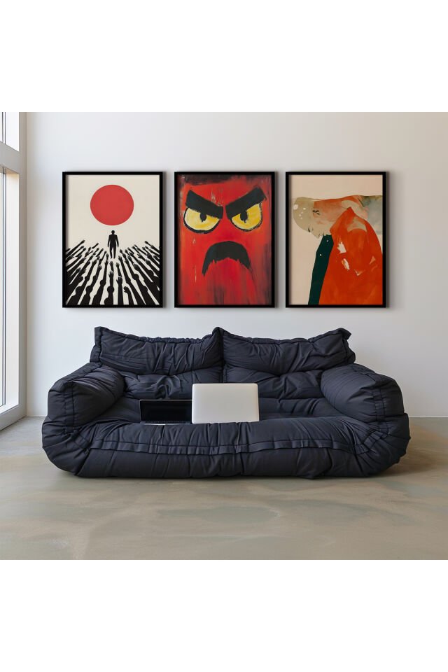 SİYAH - Abstract Psikolojik Sanat Üçlü Doğal Ahşap Çerçeveli Duvar Tablo Seti