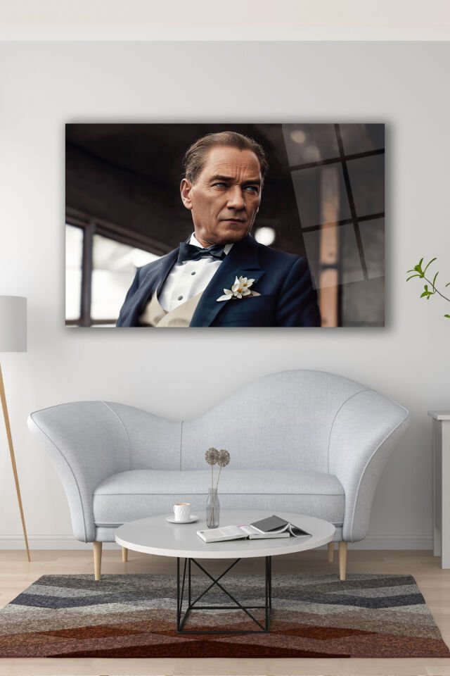 Atatürk Portresi Yapay Zeka Cam Tablo Ev Ofis Salon Duvar Dekoru, Hediyelik Büyük Tablo Dekor Mavi Kahverengi