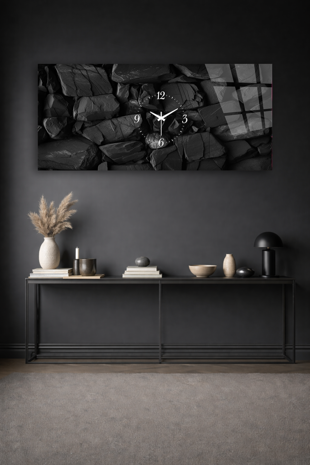 KIRILMAZ CAM DUVAR SAATİ , HEM TABLO HEM SAAT SİYAH TAŞ DOKU MINIMAL EV OFİS HEDİYESİ