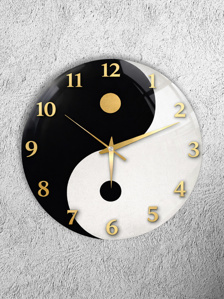 KIRILMAZ CAM DUVAR SAATİ, HEM TABLO HEM SAAT YİN YANG SİYAH BEYAZ MODERN TASARIM EV OFİS HEDİYESİ