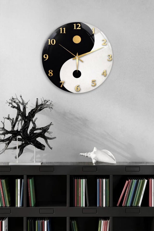 KIRILMAZ CAM DUVAR SAATİ, HEM TABLO HEM SAAT YİN YANG SİYAH BEYAZ MODERN TASARIM EV OFİS HEDİYESİ