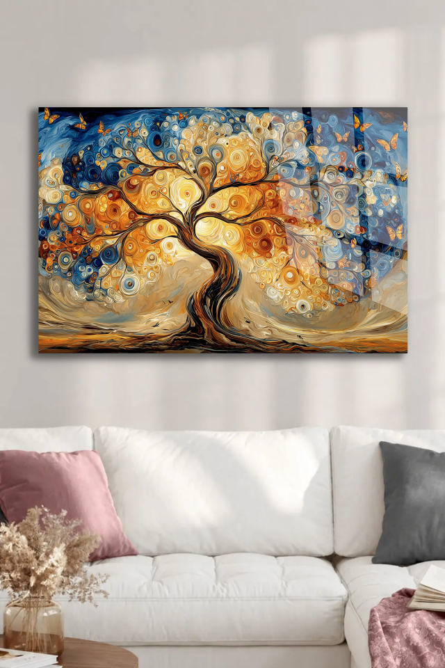 KIRILMAZ CAM TABLO SOYUT HAYAT AĞACI GOLD MAVİ TURUNCU MODERN DEKORATİF DUVAR TABLOSU