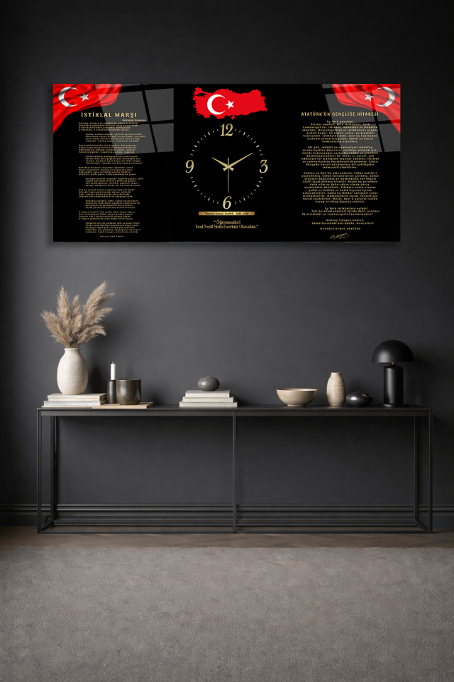 KIRILMAZ CAM DUVAR SAATİ , HEM TABLO HEM SAAT SİYAH ZEMİN GENÇLİĞE HİTABE EV OFİS HEDİYESİ