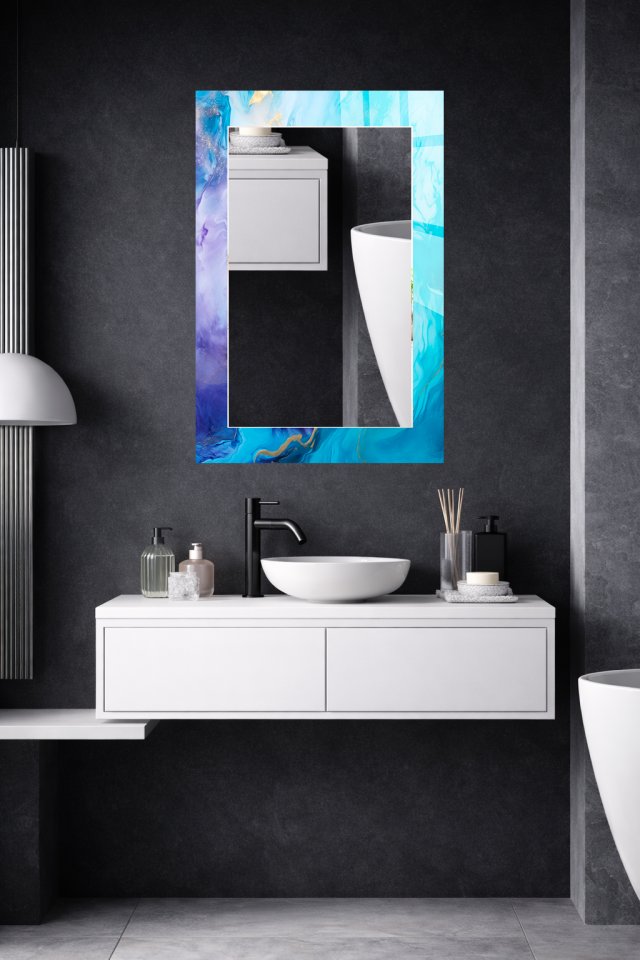 HEM TABLO HEM AYNA TURKUAZ LİLA MERMER SOYUT DESEN CAM DUVAR AYNASI EV DEKORU