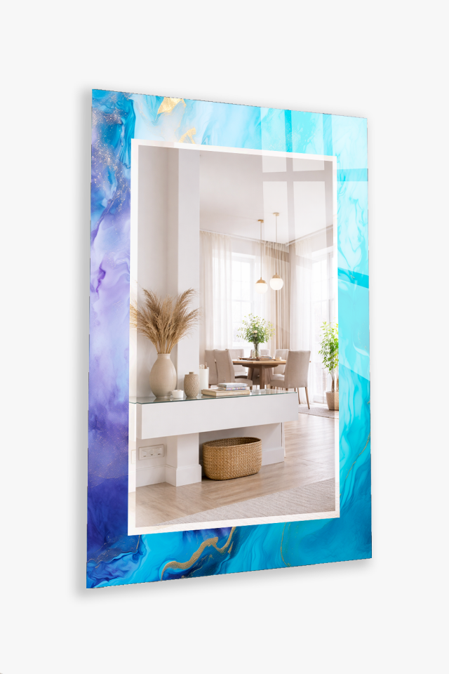 HEM TABLO HEM AYNA TURKUAZ LİLA MERMER SOYUT DESEN CAM DUVAR AYNASI EV DEKORU