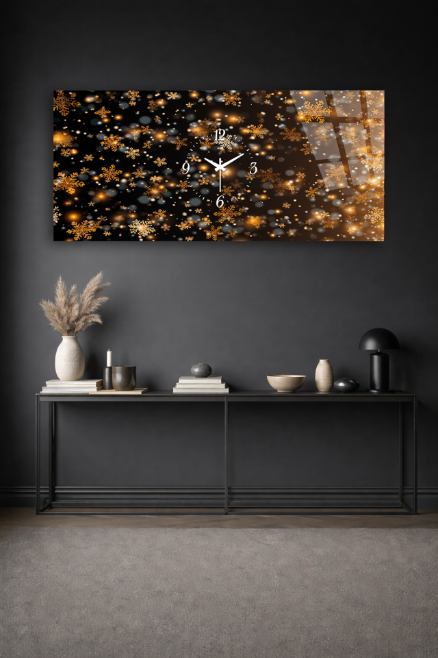 KIRILMAZ CAM DUVAR SAATİ , HEM TABLO HEM SAAT ALTIN KAR TANESİ DESEN ŞIK EV OFİS HEDİYESİ