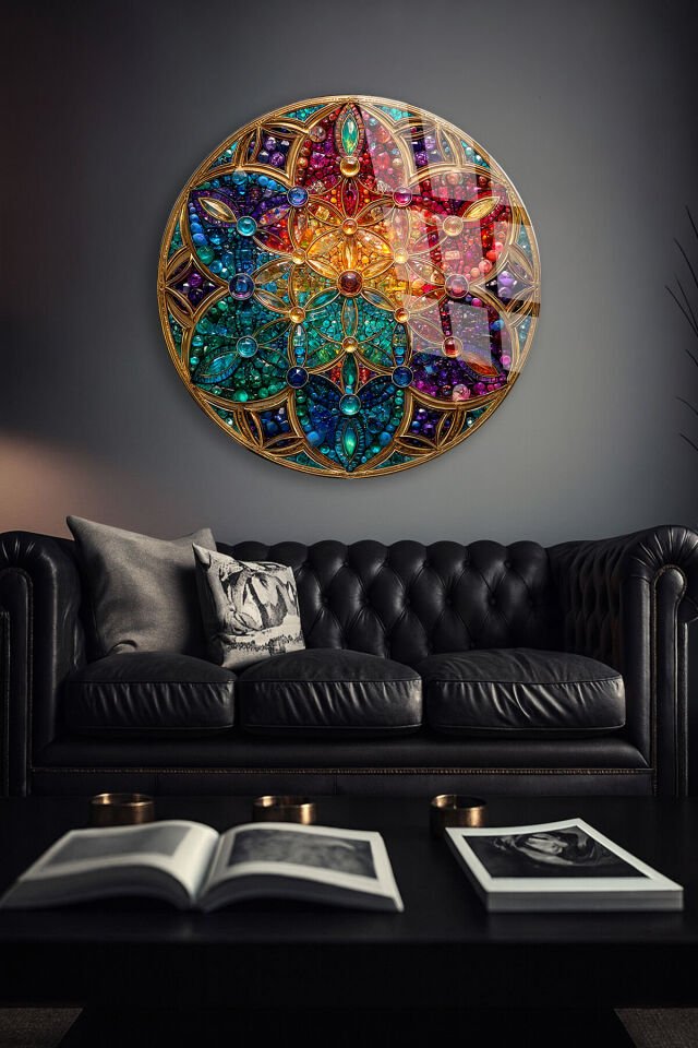 KIRILMAZ CAM TABLO – RENKLİ MOZAIK MANDALA GEOMETRİK SANAT TASARIMI