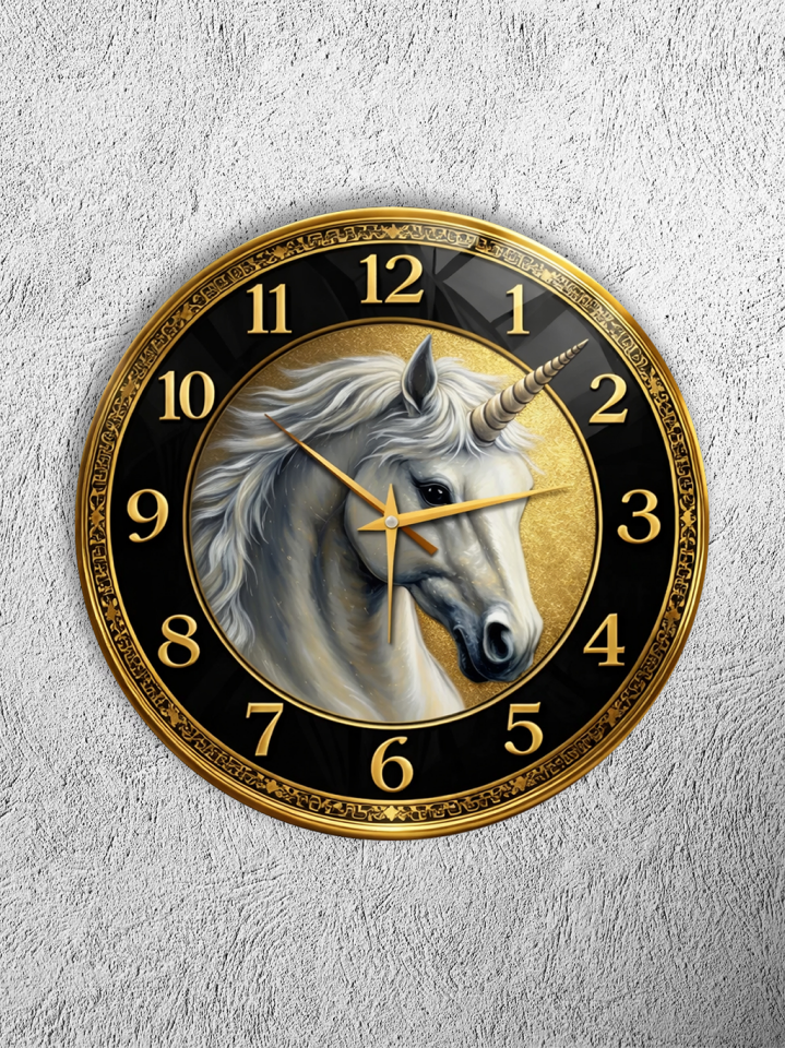KIRILMAZ CAM DUVAR SAATİ, HEM TABLO HEM SAAT ALTIN ZEMİN UNİCORN AT TASARIMI EV OFİS HEDİYESİ