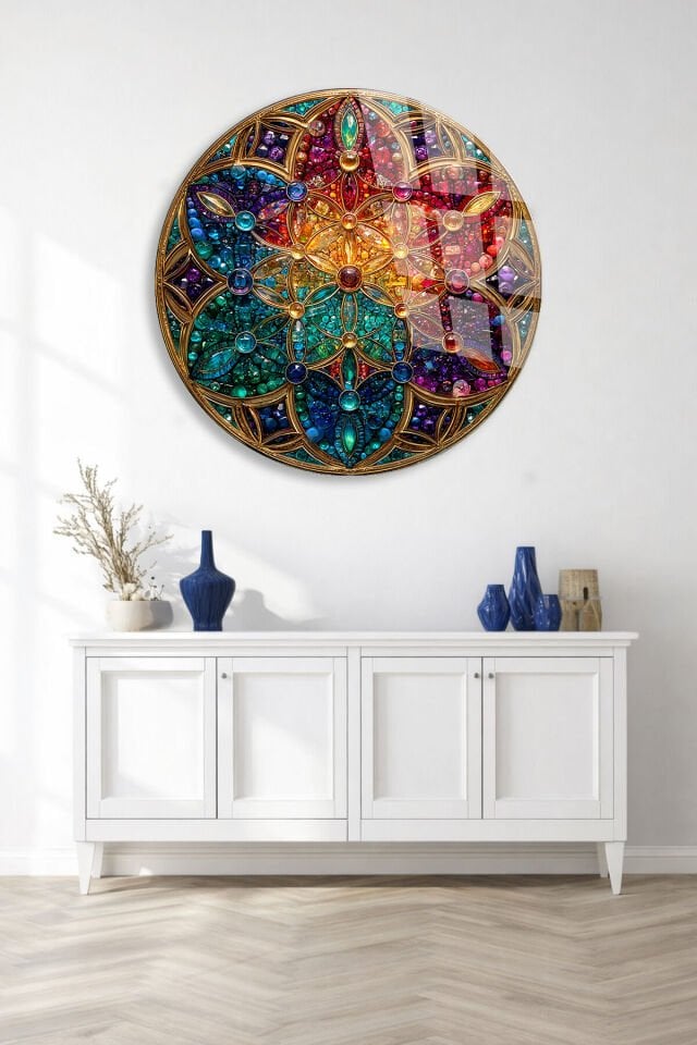 KIRILMAZ CAM TABLO – RENKLİ MOZAIK MANDALA GEOMETRİK SANAT TASARIMI