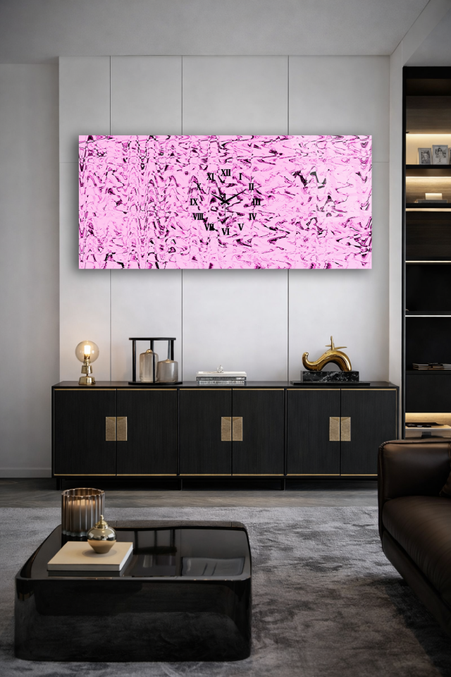 KIRILMAZ CAM DUVAR SAATİ , HEM TABLO HEM SAAT PEMBE SOYUT CAM DESEN MODERN EV OFİS HEDİYESİ