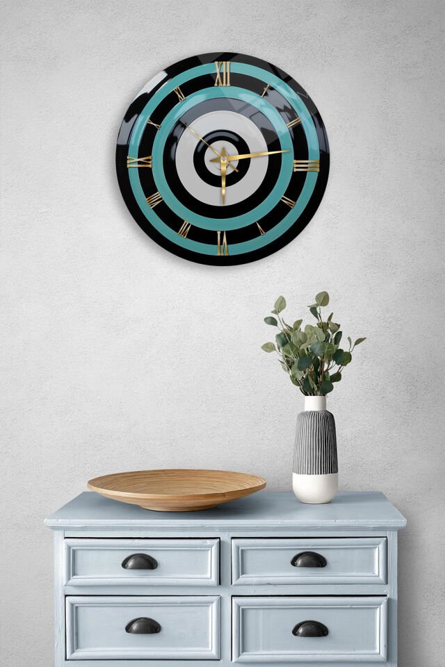 KIRILMAZ CAM DUVAR SAATİ, HEM TABLO HEM SAAT TURKUAZ HALKALI ROMA RAKAMLI MODERN TASARIM EV OFİS HEDİYESİ