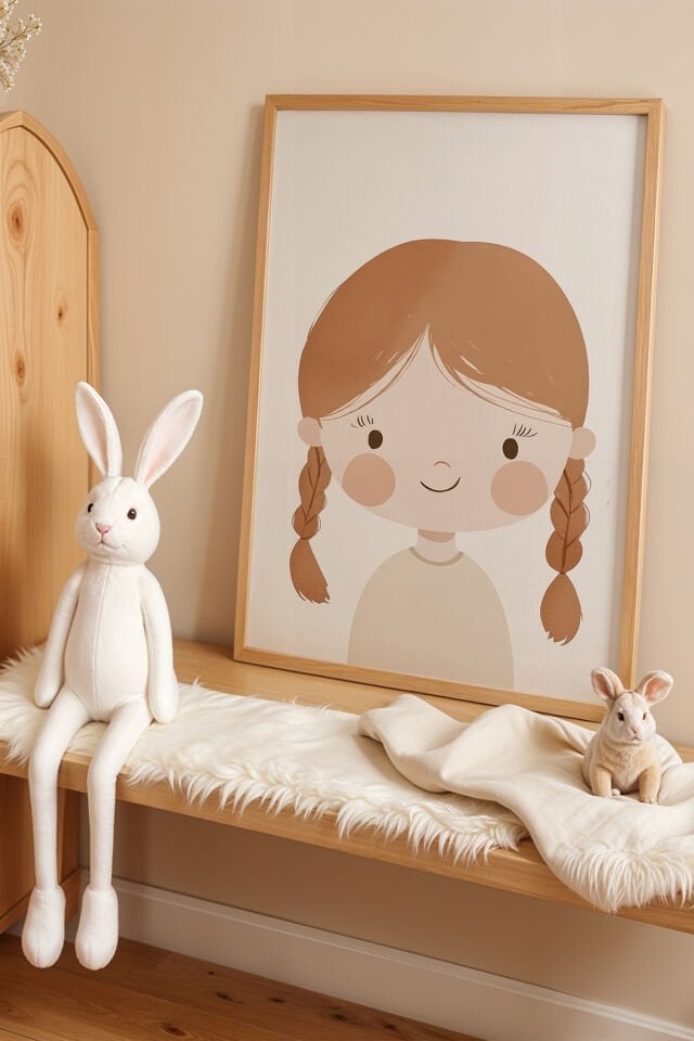 DOĞAL AHŞAP - Örgülü Saçlı Sevimli Kız - Doğal Ahşap Çerçeveli Çocuk ve Bebek Odası Tablosu