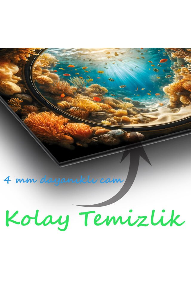 Renkli Balıklar Deniz Manzara Cam Tablo, Modern Ev Ofis Salon Duvar Dekoru, Hediyelik Tablo Dekor Kahverengi Mavi