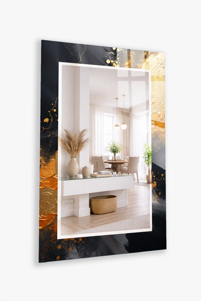 HEM TABLO HEM AYNA SİYAH ALTIN LÜKS SOYUT DESEN CAM DUVAR AYNASI EV DEKORU