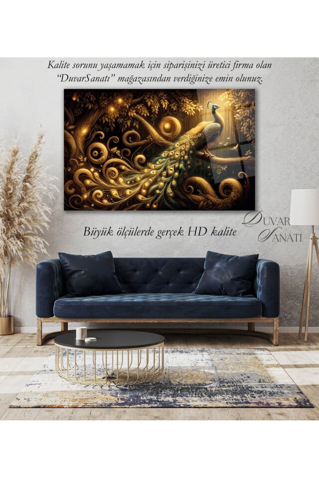 Tavus Kuşu Modern Cam Tablo Ev Ofis Salon Hediyelik Soyut Büyük Tablo Kahverengi