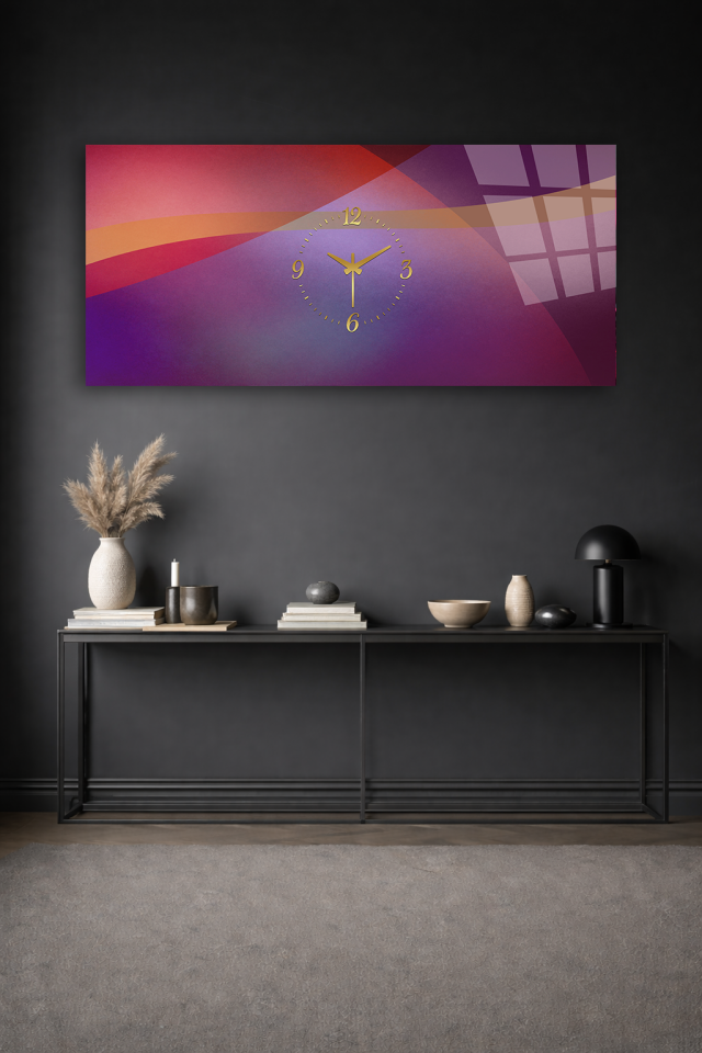 KIRILMAZ CAM DUVAR SAATİ , HEM TABLO HEM SAAT SOYUT MOR GEÇİŞ TASARIMI EV OFİS HEDİYESİ